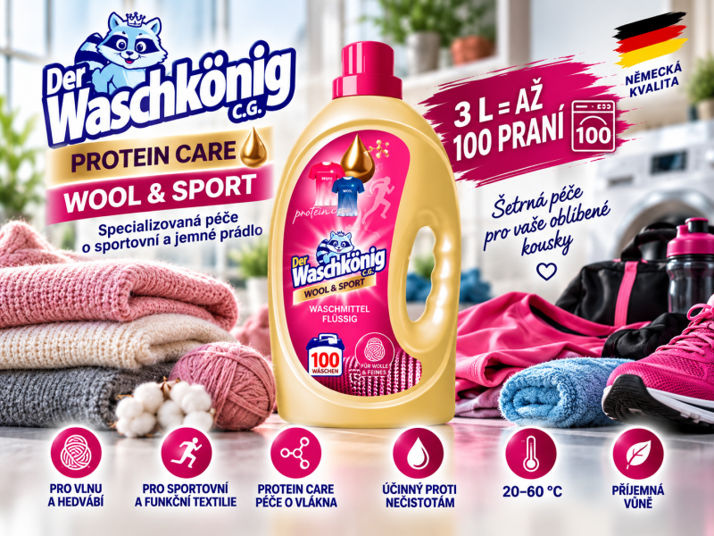Waschkönig Protein Care Wool & Sport XXL prací gel na sportovní prádlo, vlnu a hedvábí – 3 l, až 100 praní